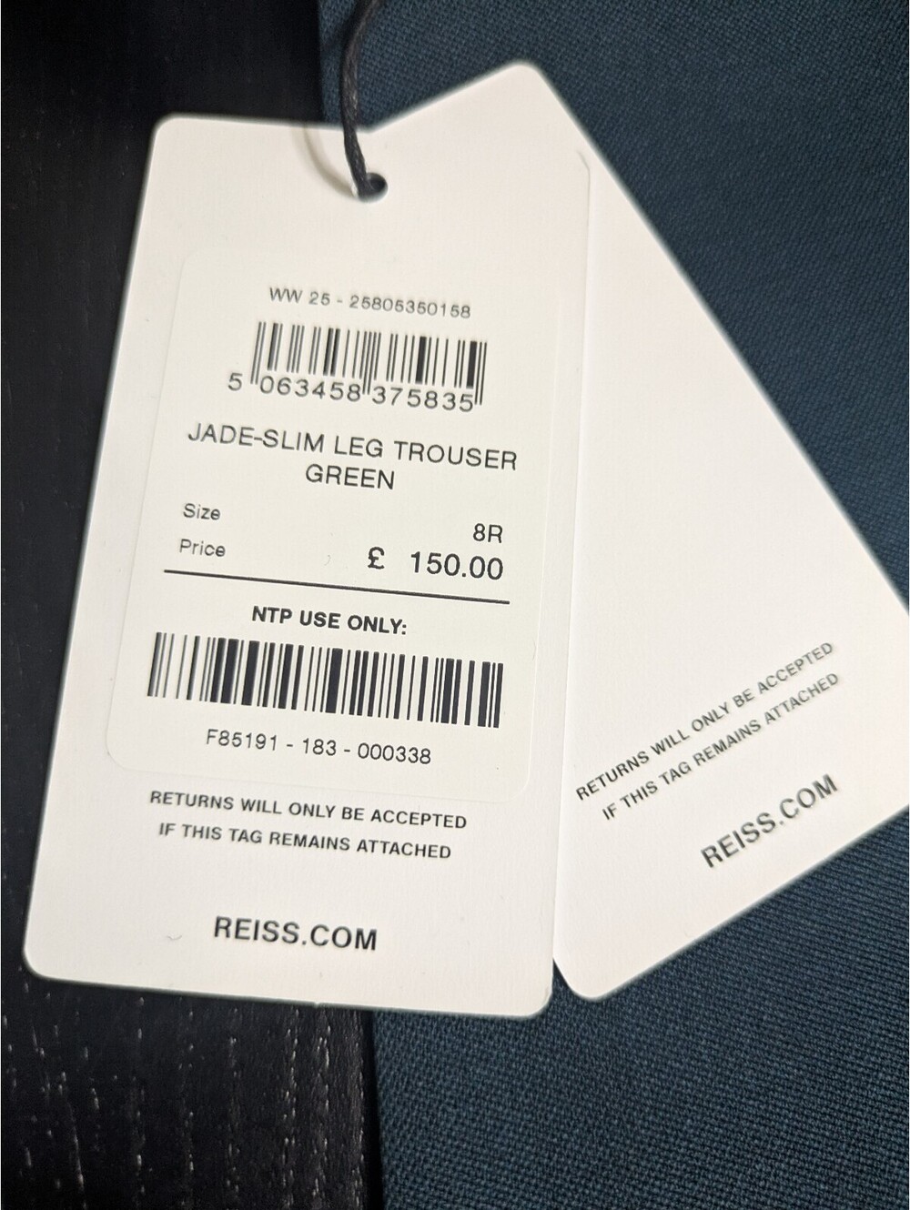 Reiss Jade Slim Leg Trousers Green Size US4/UK8R - Picture 2 of 3